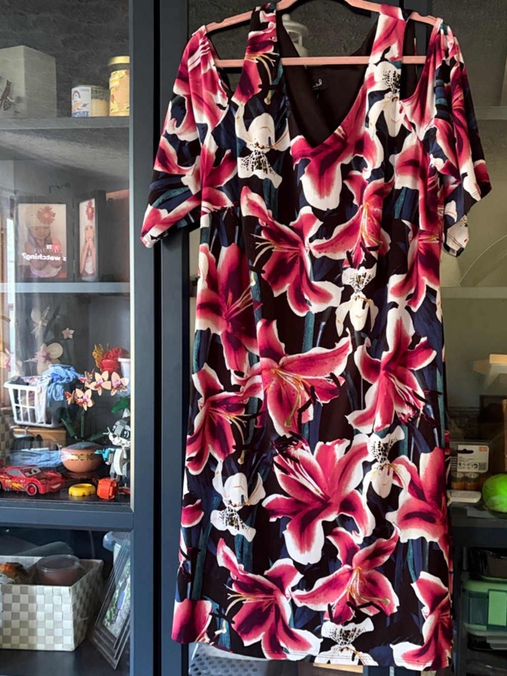 connected apparel Pink and Black Floral V-Neck Midi Dress - Picture 2 of 5